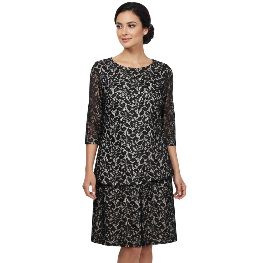 Tahari Arthur S Levine Black Floral Dress Womens 16 Midi 3/4 Sleeve Classiccore